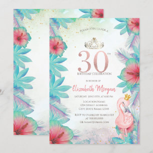 Convite Folhas de Palma Tropicais Hibisco Rosa Flamingo 30