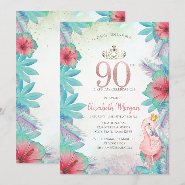 Convite Folhas de Palma Tropicais Hibisco Rosa Flamingo 90 (Frente/Verso)