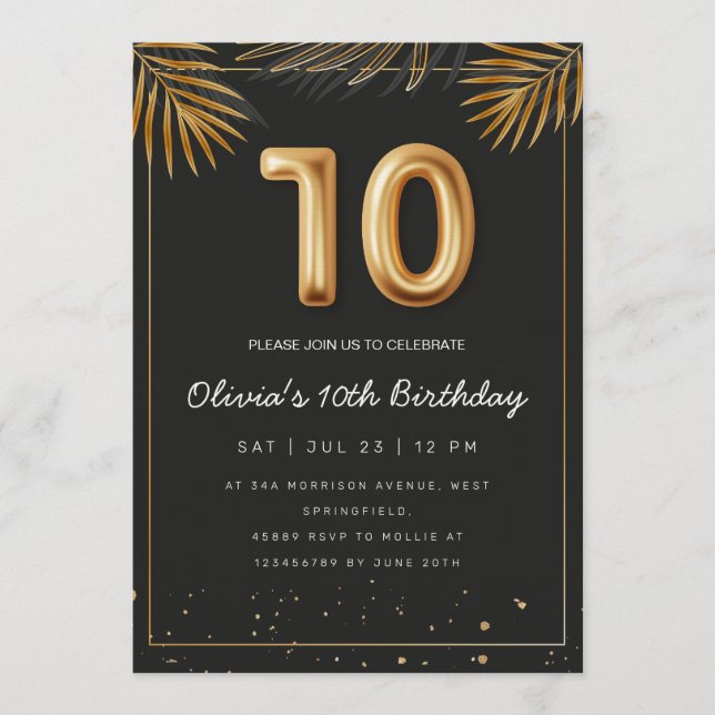 Convite Folhas de Palma Tropical Dourada 10º Aniversário (Frente)