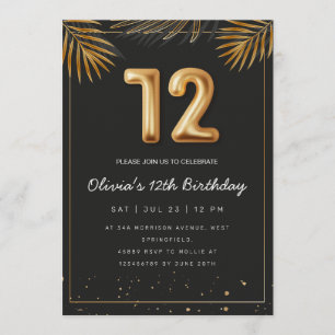 Convite Folhas de Palma Tropical Dourada 12º Aniversário