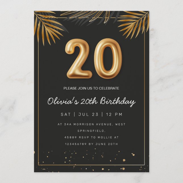 Convite Folhas de Palma Tropical Dourada 20º Aniversário (Frente)