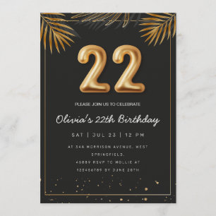 Convite Folhas de Palma Tropical Dourada 22º Aniversário