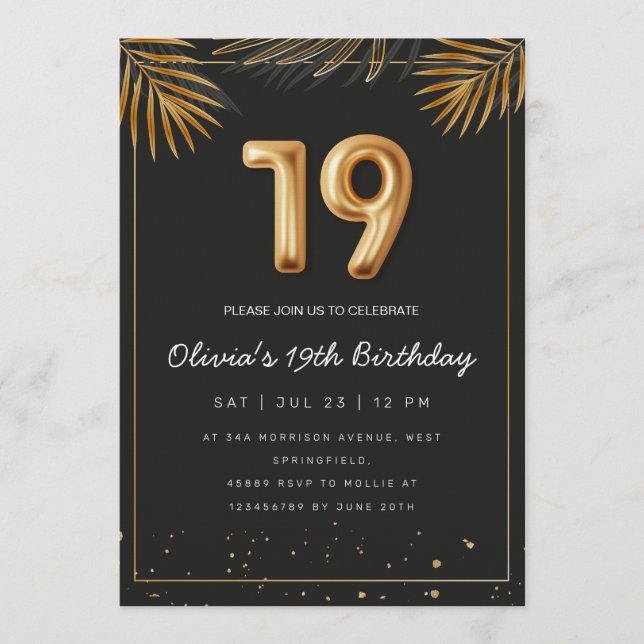 Convite Folhas de Palma Tropical Dourada Aniversário de 19 (Frente)