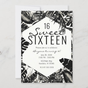 Convite Folhas de Palma Tropical Preto e Branco Sweet 16