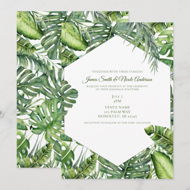 Convite Folhas de Palma Tropical Verde Casamento de Verão  (Frente/Verso)
