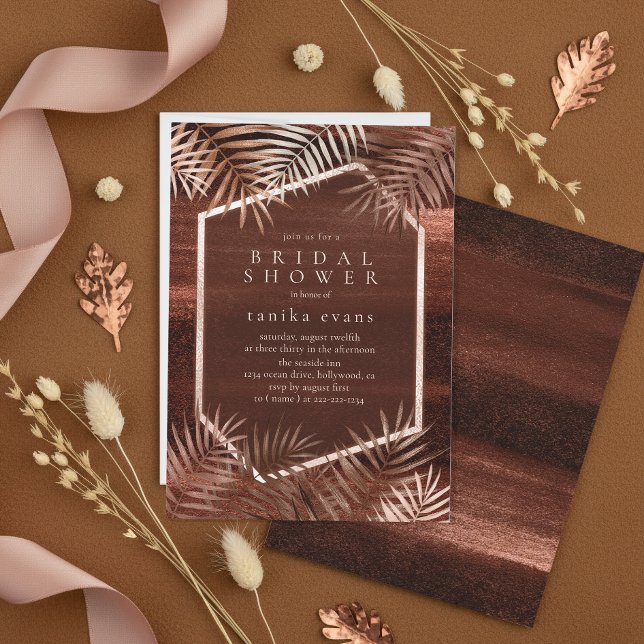 Convite Folhas de Palmeira Copper Sunset Dk Bridal Shower  (Criador carregado)