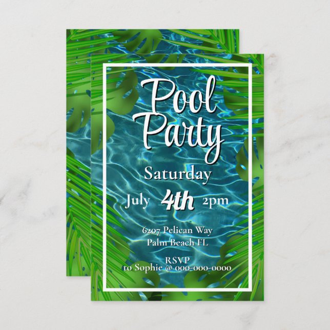 Convite Folhas de palmeira de festa na piscina legal (Frente/Verso)