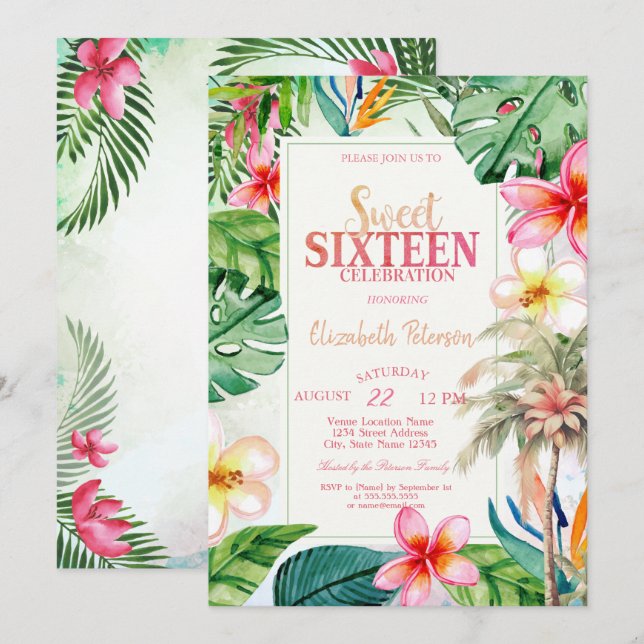 Convite Folhas de Palmeira Flores Tropicais Verão Doce 16  (Frente/Verso)