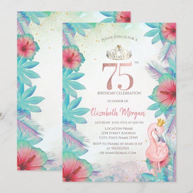 Convite Folhas de Palmeira Tropicais Hibisco Rosa Flamingo (Frente/Verso)