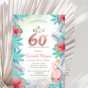 Convite Folhas de Palmeira Tropicais Hibisco Rosa Flamingo
