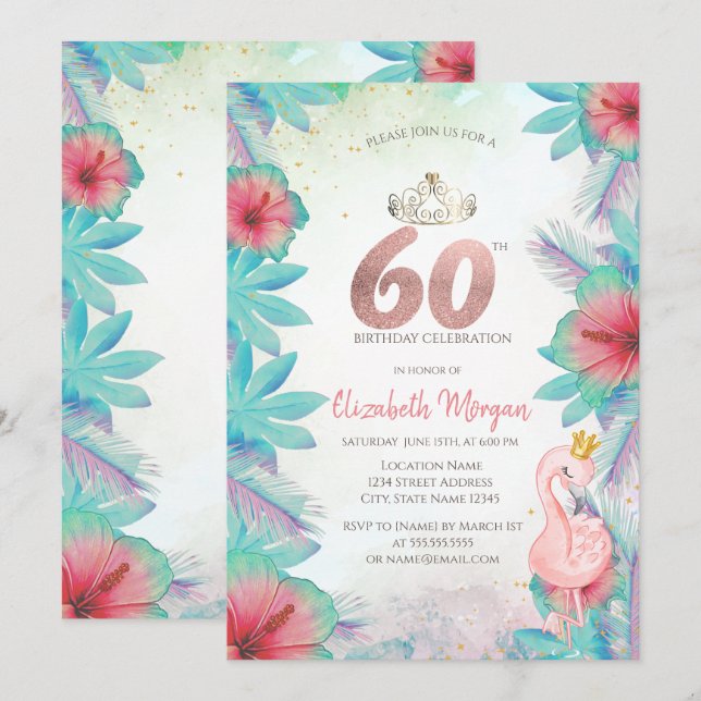 Convite Folhas de Palmeira Tropicais Hibisco Rosa Flamingo (Frente/Verso)