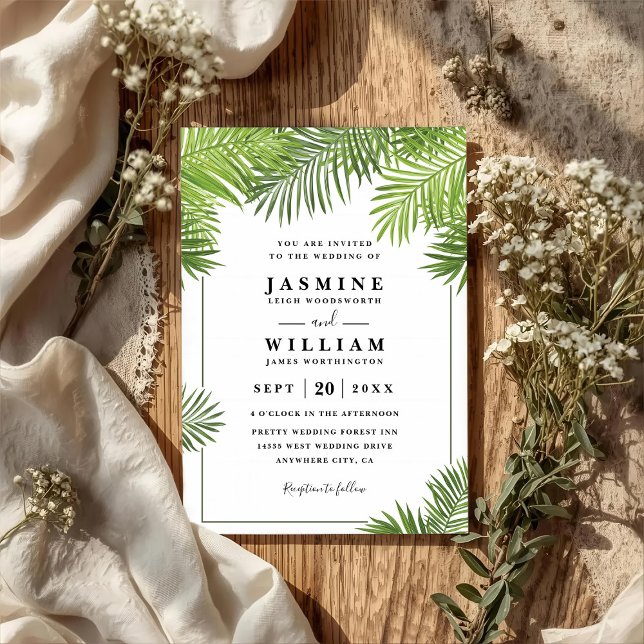 Convite Folhas de Palmeira Tropical Elegante Chique Código (Criador carregado)