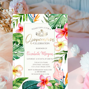 Convite Folhas de Palmeira Tropical Flores Flamingo Rosa