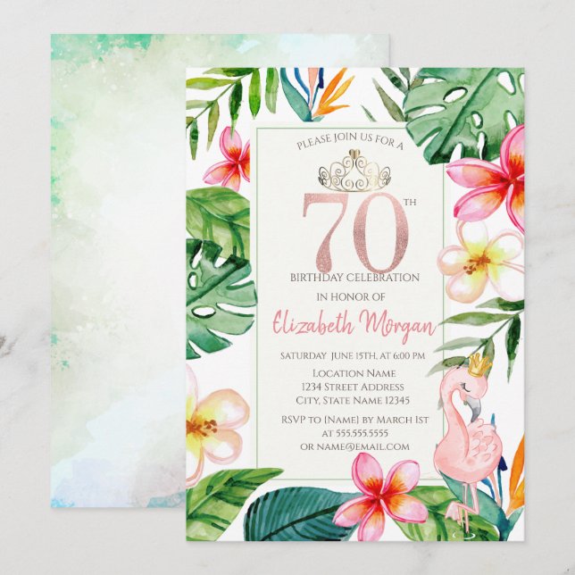 Convite Folhas de Palmeira Tropical Flores Flamingo Rosa 7 (Frente/Verso)