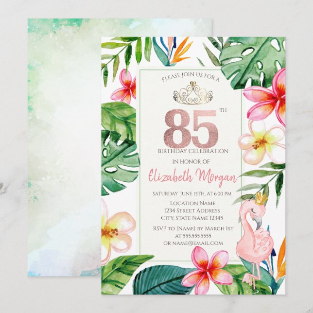Convite Folhas de Palmeira Tropical Flores Flamingo Rosa 8 (Frente/Verso)