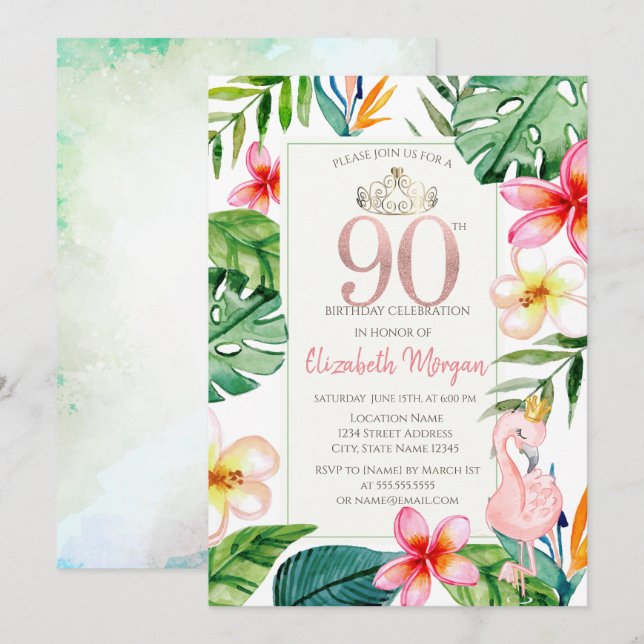 Convite Folhas de Palmeira Tropical Flores Flamingo Rosa 9 (Frente/Verso)