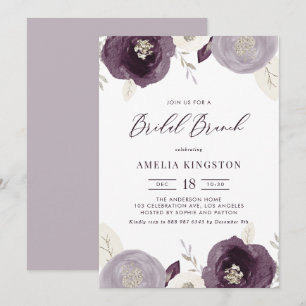 Convite Folhas de Prata e Flores Roxas Bridal Brunch