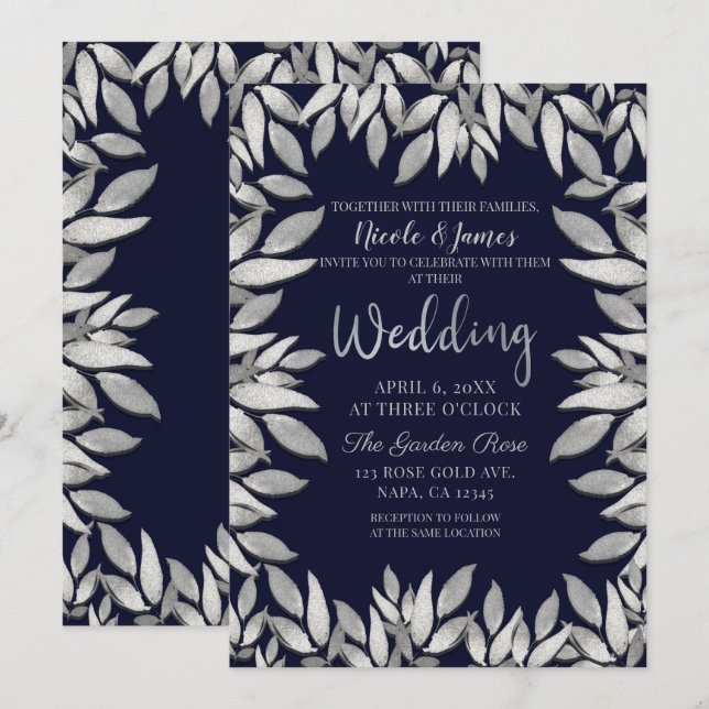 Convite Folhas de Prata Glam Botânico Casamento Azul (Frente/Verso)