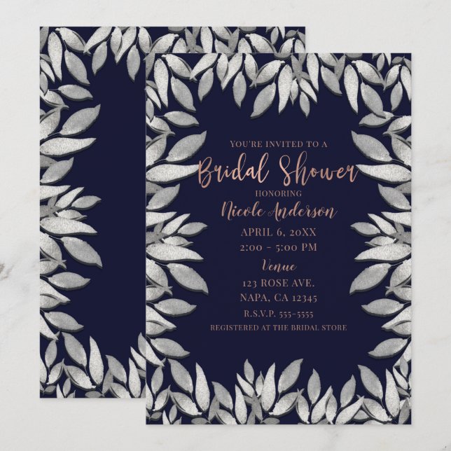 Convite Folhas de Prata Glam Botânico Casamento Azul Rosa (Frente/Verso)