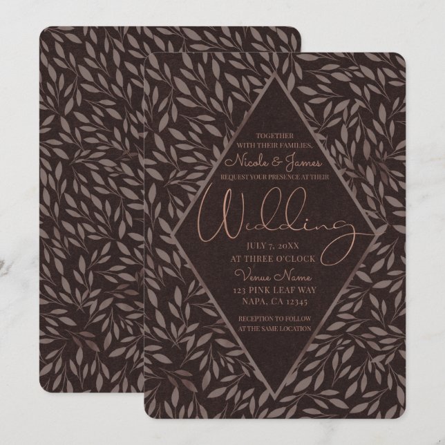 Convite Folhas de Rosa Chocolate Botânico Casamento (Frente/Verso)