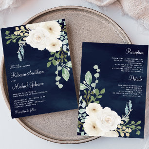 Convite Folhas de Sálvia Floral Marfim Azul Marinho Tudo e