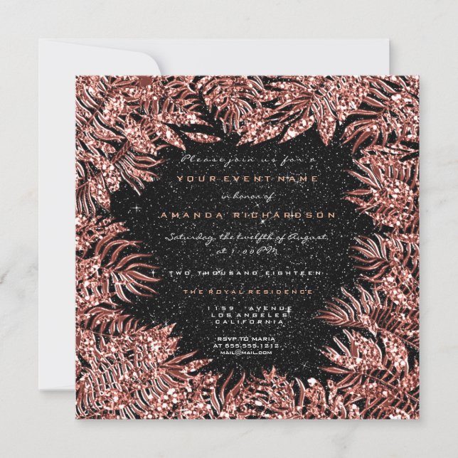 Convite Folhas de Samambaia Quadro Rosa Dourado Cobre Pret (Frente)