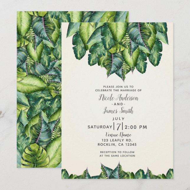 Convite Folhas de selva tropical verde casamento botânico (Frente/Verso)