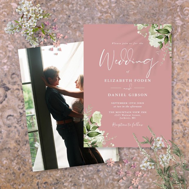 Convite Folhas de verde elegante Rosa Poeirenta Foto Casam (Dusty Rose Greenery Leaves Elegant Photo Wedding Invitation)