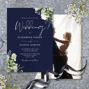 Convite Folhas de Verde Escuro Elegante Foto Casamento