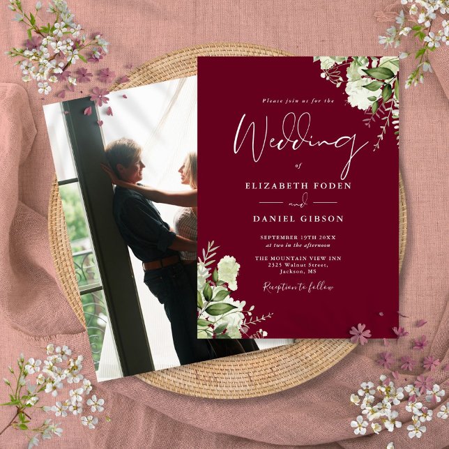 Convite Folhas de Verdura de Borgonha Foto de Casamento El (Burgundy Greenery Leaves Elegant Photo Wedding Invitation)