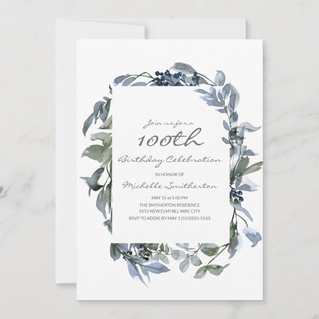 Convite Folhas de Verdura em Aquarela Aniversário de 100 a (Frente)