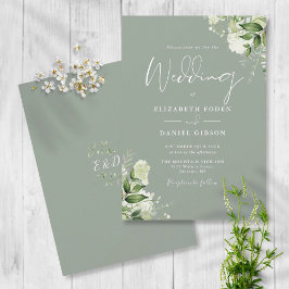 Convite Folhas de Verdura Verde Sábio Monograma Casamento