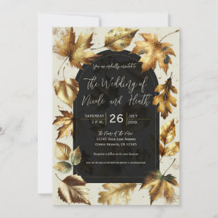 Convite Folhas Douradas Bege Creme Amêndoa Preto Casamento