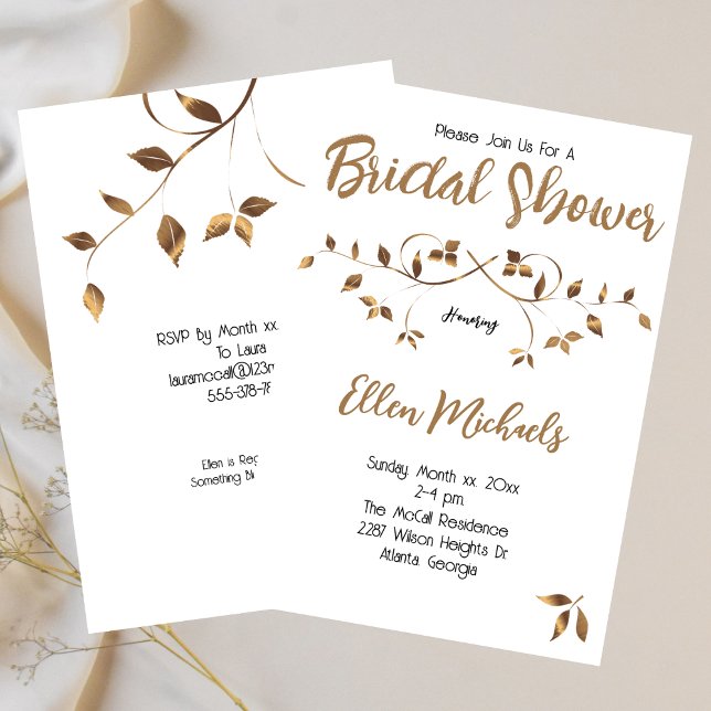 Convite Folhas Douradas Elegantes de chás de panela (Bridal Shower Elegant Gold Leaves Invitation)