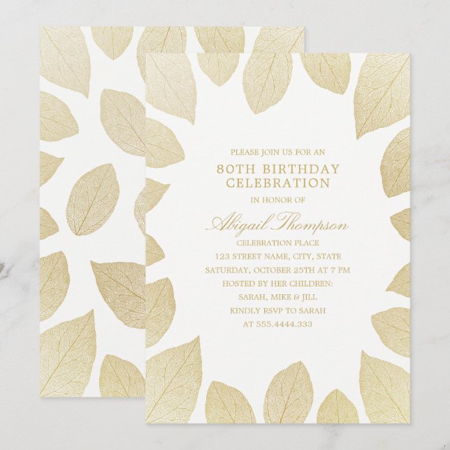 Convite Folhas Douradas Elegantes de Festa de aniversário  (Frente/Verso)