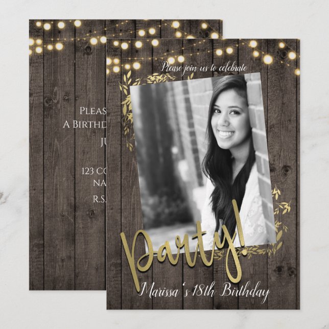Convite Folhas Douradas Luzes Madeira Escura Festa de Aniv (Frente/Verso)