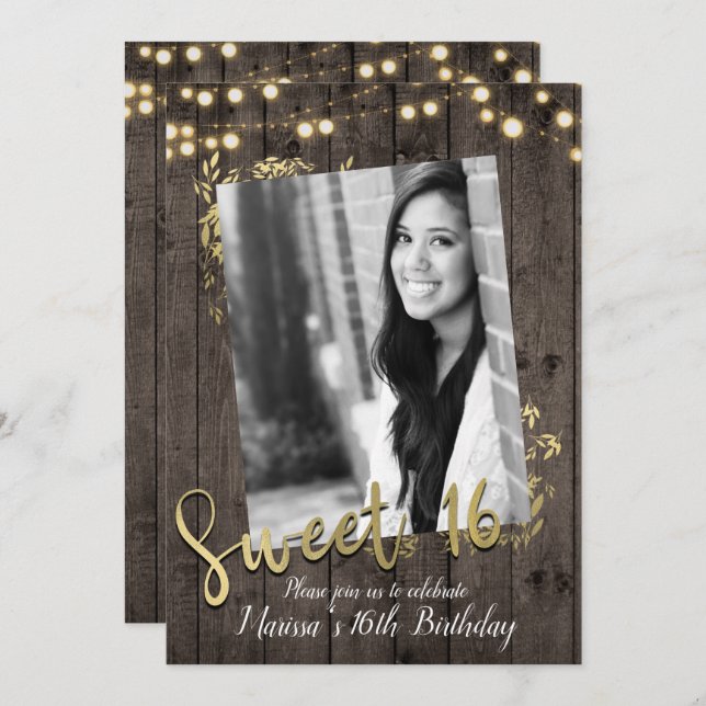 Convite Folhas e Luzes Douradas Madeira Escura Rústica Doc (Frente/Verso)