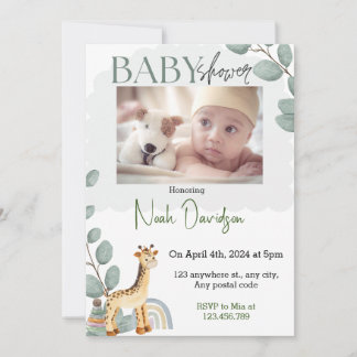 Convite Folhas elegantes com girafa de bebê e brinquedos