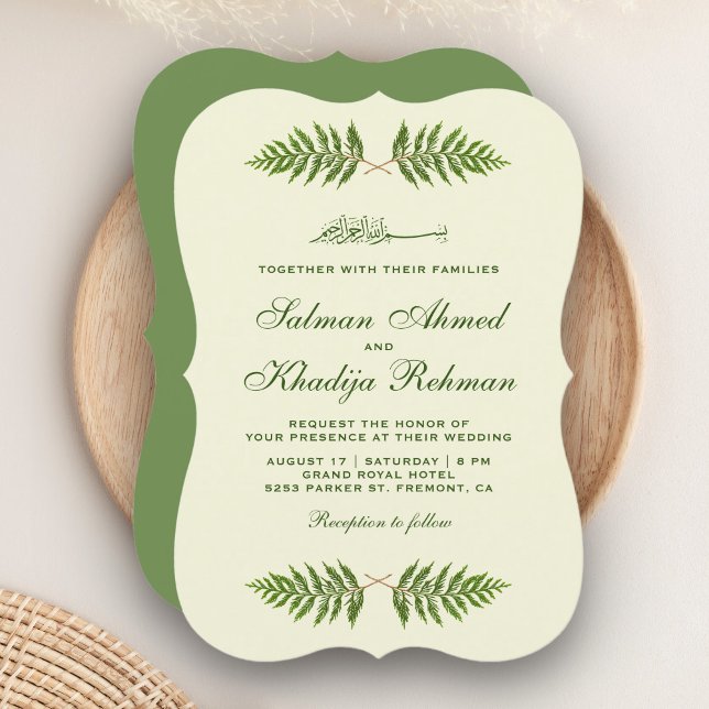 Convite Folhas Elegantes de Cedro Verde Casamento Islâmico (Criador carregado)