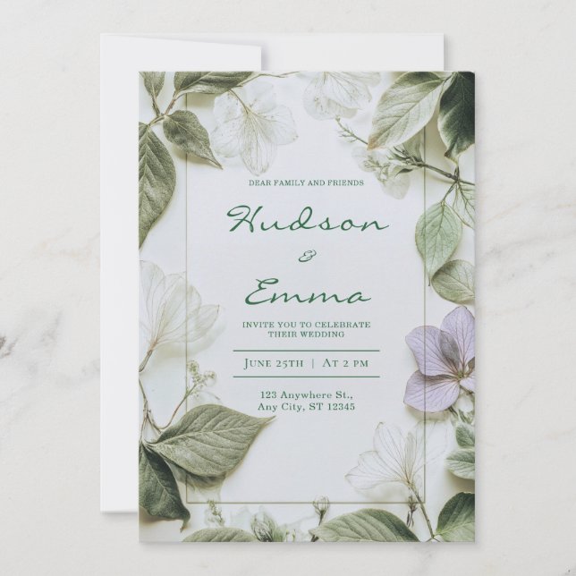 Convite Folhas Elegantes de Flores Prensadas Casamento Rús (Frente)