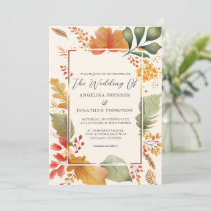 Convite Folhas Elegantes de Outono Aquarela Casamento Marf