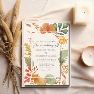 Convite Folhas Elegantes de Outono Aquarela Casamento Marf