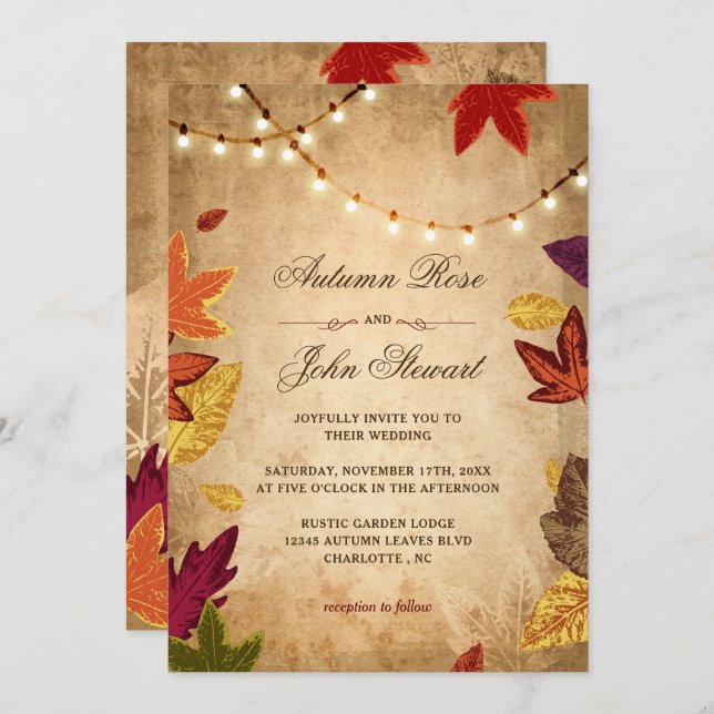 Convite Folhas Elegantes de Outono Casamento Rústico de Ou (Frente/Verso)