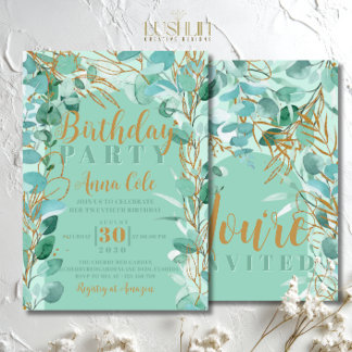 Convite Folhas Elegantes de Verde Sálvia para Aniversário