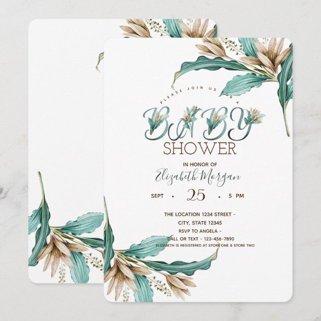 Convite Folhas em Aquarela Chá de Bebê Boho (Frente/Verso)