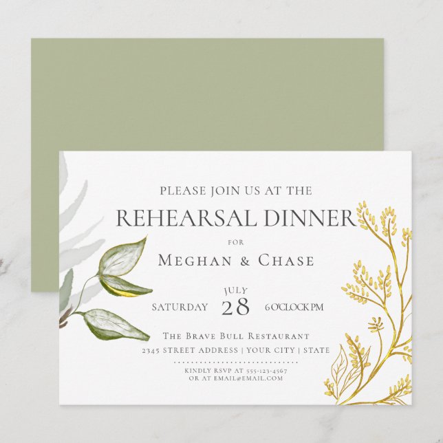 Convite Folhas em Dourado e Verde Salvia (Frente/Verso)