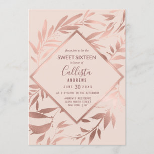 Convite Folhas Florais Cor-de-Rosa Dourada Elegante Doce 1