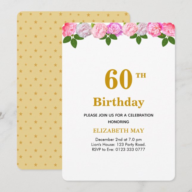 Convite Folhas Florais e de Louro 40º, 60º Aniversário (Frente/Verso)