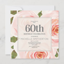 Convite Folhas Florais Rosa Corado 60º Aniversário Mulhere