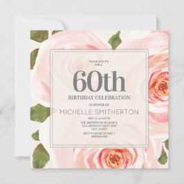 Convite Folhas Florais Rosa Corado 60º Aniversário Mulhere